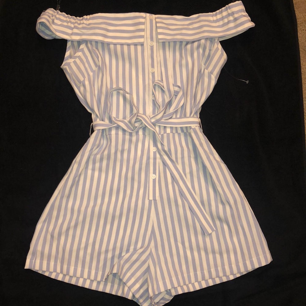 Light blue and white striped romper